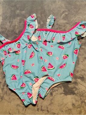 Twin Girls 3T Watermelon Print Ruffle Shoulder Strap One-Piece Swimsuits